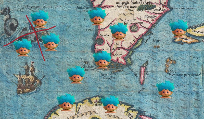1591 De Bry_and Le Moyne Map of Florida and Cuba with 11 added blue-haired heads of troll-dolls. The sea-dragon is crossed out in red.