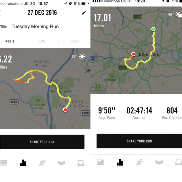 two maps from a running app showing runs of 6.22 and 17.01 miles, with associated data (dates & times, Avg pace; DUration, Est calories with button to "share your run"