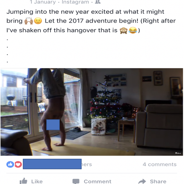 Anonymised screenshot of Instagram post of man doing a handstand with the caption "Jumping into the new year escited at what it might bring. Let the 2017 adventure begin! (Right after I've shaken off this hangover that is)"