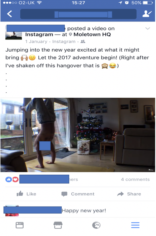 Anonymised screenshot of Instagram post of man doing a handstand with the caption "Jumping into the new year escited at what it might bring. Let the 2017 adventure begin! (Right after I've shaken off this hangover that is)"
