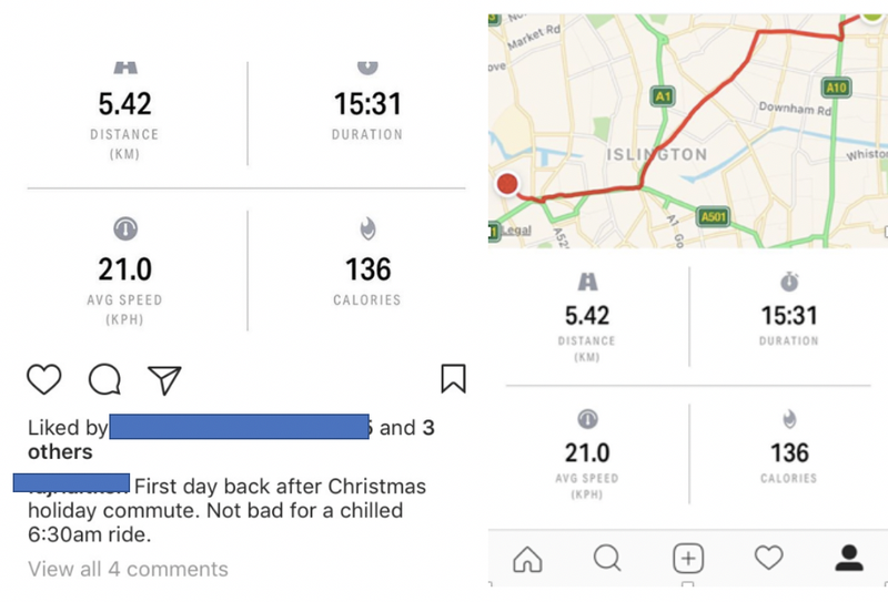 screenshot of bike app shared on instagram, showing distance, duration, avg speed, calories, , no.of likes. "First day back after Christmas holiday commute. Not bad for a chilled 6.30am ride."