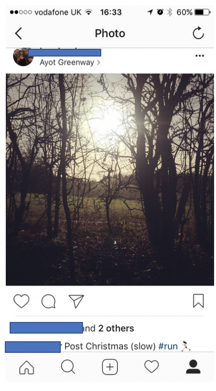Anonymised screenshot of interviewees IG post showing scenery from a "Post CHristmas (slow) #run'