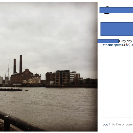 Anonymised screenshot of social media post showing a "Grey day running the #thamespath  #17 miles