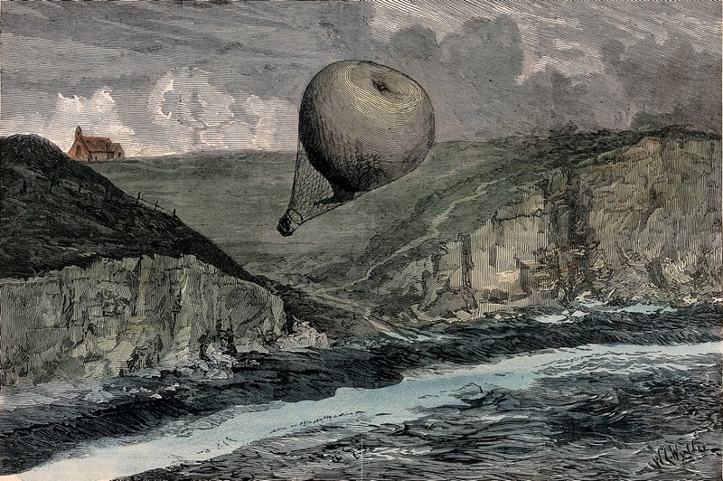The balloon "Saladin" is blown off course out to sea. Coloured wood engraving by W. Wyllie after Captain Templar