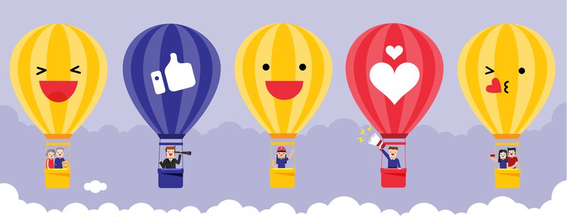 5 striped hot air balloons showing emotions l-r yellow smiling, eyes closed; purple. with thumbs up; yellow smiling, eyes open; red with a small white heart over a big one; yellow blowing kiss. baskets underneath with various figures.