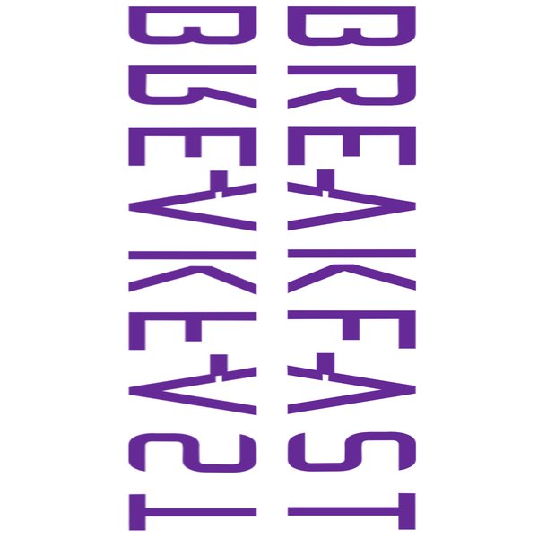 mirrored vertical text reading 'breakfast' in a funky purple font
