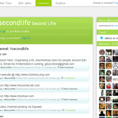 Jaiku circa 2007, showing the overview page for the ‘Second Life’ channel with all member avatars displayed 6 abreast in a narrow column to the right of the main clickable  list of posts