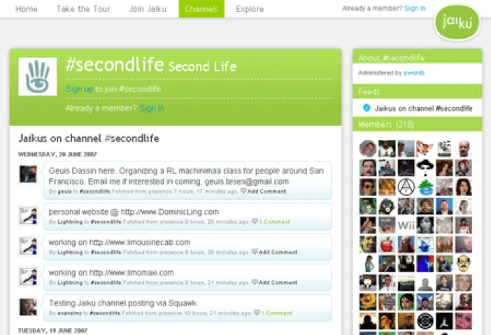 Jaiku circa 2007, showing the overview page for the ‘Second Life’ channel with all member avatars displayed 6 abreast in a narrow column to the right of the main clickable  list of posts