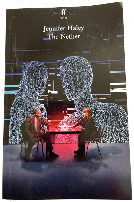 Cover of The Nether by Jennifer Hayley, published by Faber & Faber, showing sparkly outsize digital figures behind one male, one female actor, seated on opposite sides of a red-lit table.